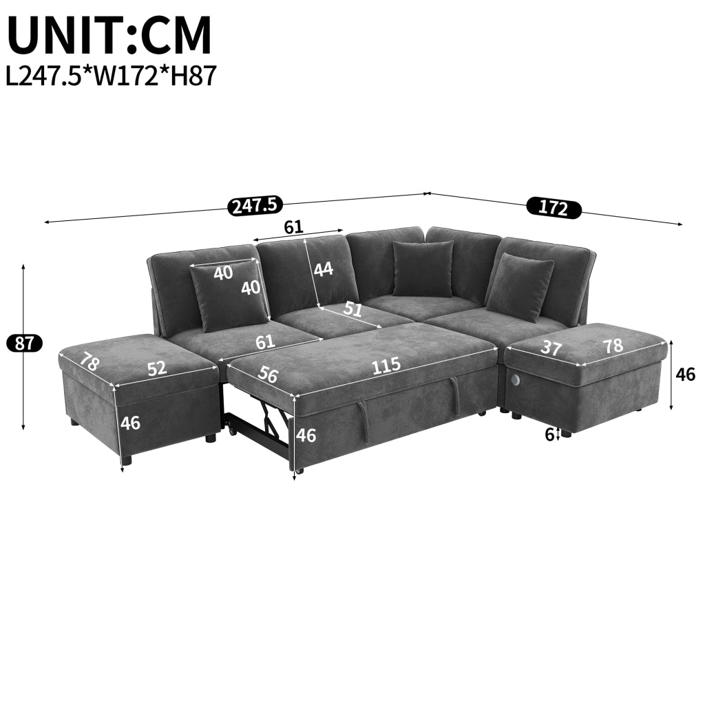 Divano angolare convertibile modulare con letto estraibile, contenitore e usb e type-c, con cuscini, in ciniglia grigio