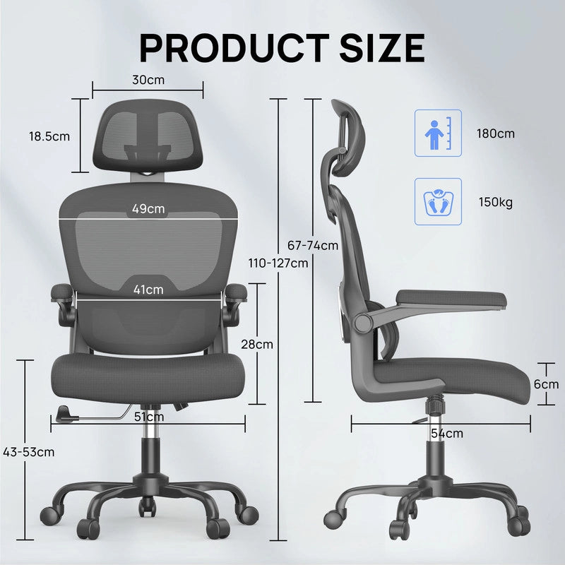 Sedia da ufficio ergonomica - Poltrona HAMLODY - con braccioli pieghevoli a 90° - Supporto lombare - Regolabile in altezza Nero