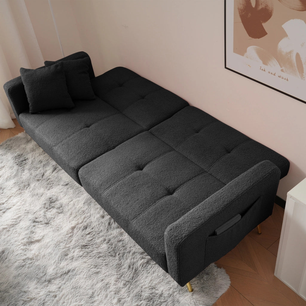 Divano Letto 2 Posti Convertibile Schienale Regolabile 105-180° con Cuscini e Tasche Laterali Struttura Legno in Sherpa Grigio Antico