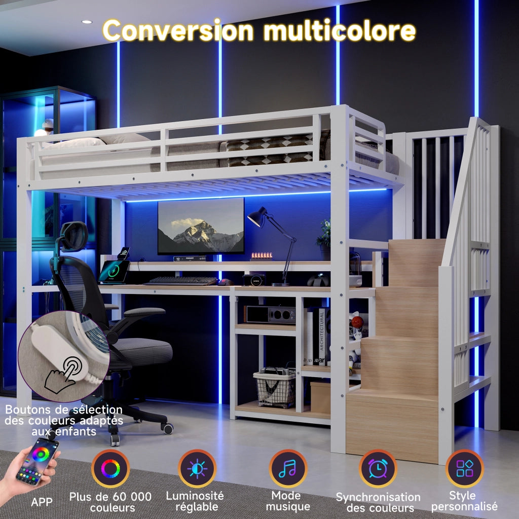 Letto a soppalco in metallo 90x200 cm, letto alto per bambini e ragazzi con scala contenitore, prese USB/Type-C, ripiano e illuminazione LED, bianco