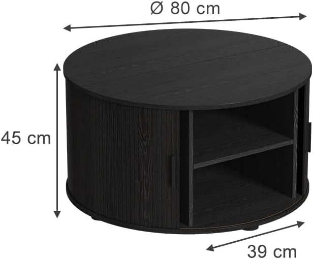 tavolino soggiorno Selva, Nero, 80 x 80 cm con porta scorrevole, con funzione lift e piano del tavolo regolabile in altezza