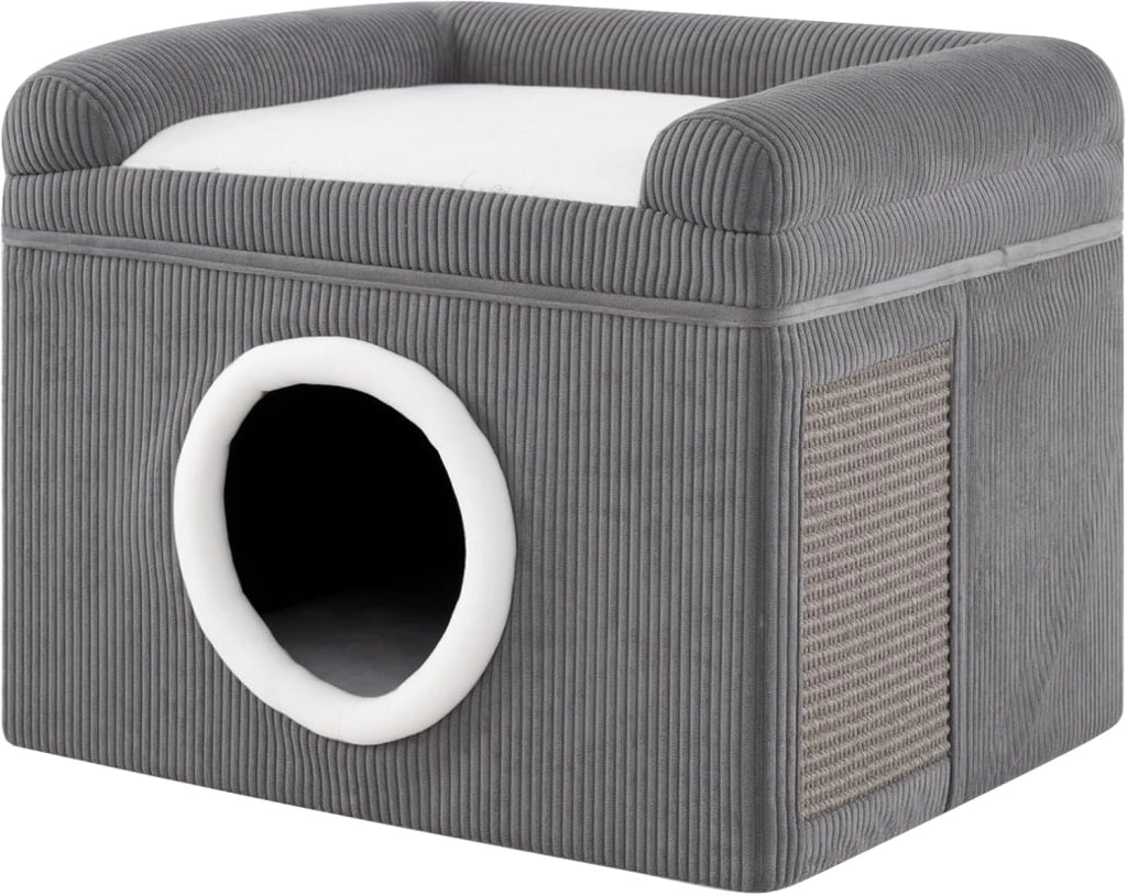 Cuccia per Gatti da Interno, Grande Casetta per Gattini a 2 Livelli con Condo Accogliente, Tappeto da Graffio in Sisal, Cuscino Morbido, Casetta Pieghevole per Animali (Grigio)