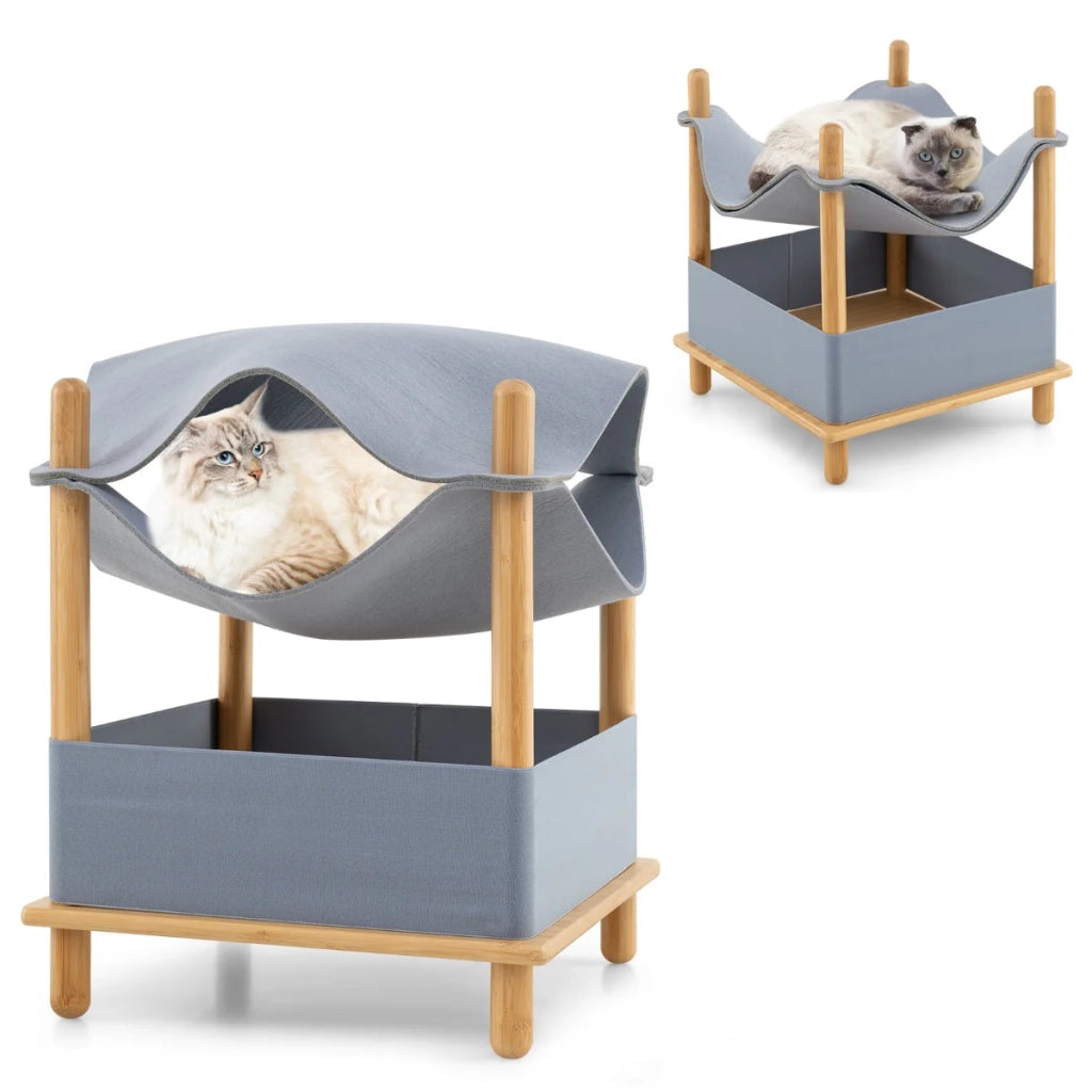 Cuccia per gatti a due livelli 46 x 46 x 53 cm con box semichiuso e ripiano portaoggetti stile moderno in bambù grigio 20_0012649