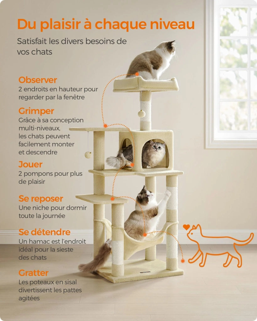 Albero per gatti con amaca e torre da gioco 143 cm beige 12_0003854