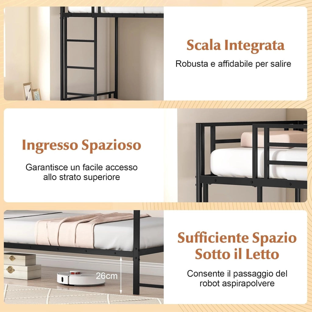 Letto a Castello con Scrivania, 90x190 cm, Struttura Letto in Metallo con Postazione di Lavoro in Legno, con Sponde di Sicurezza e Scala, Lettino Loft Carico 220 kg