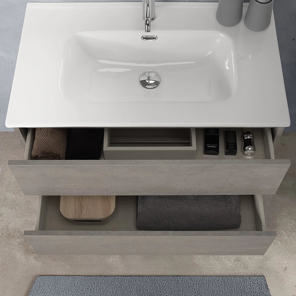 Mobile bagno sospeso 80 cm in legno grigio cemento 2 cassettoni con lavabo Leda
