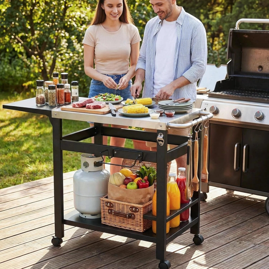 Carrello Barbecue per Esterni,Carrello da Pranzo Multifunzionale con Tavolo Laterale Pieghevole,Tavolo per Grigliare con Piano in Acciaio Inox,4 Ruote,Ganci e Portabottiglie,116x48.5x80.5 cm