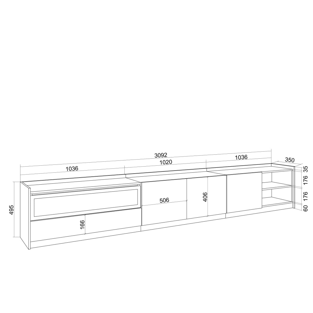 Mobile TV Soggiorno, 310x50x37 cm, Per TV fino a 80", Camino elettrico, LED, Nero e rovere