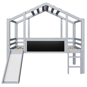 Letto a soppalco singolo 90×200 cm con scala; scivolo; lavagna e barriera; senza materasso; legno; grigio