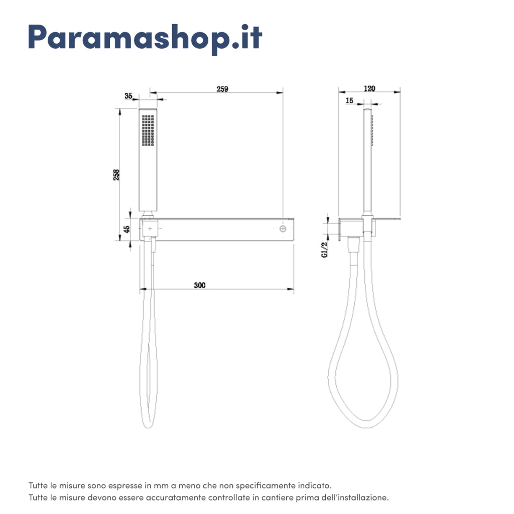 Kit doccia squadrato in ottone cromato con mensola, presa acqua e flessibile da 150 cm