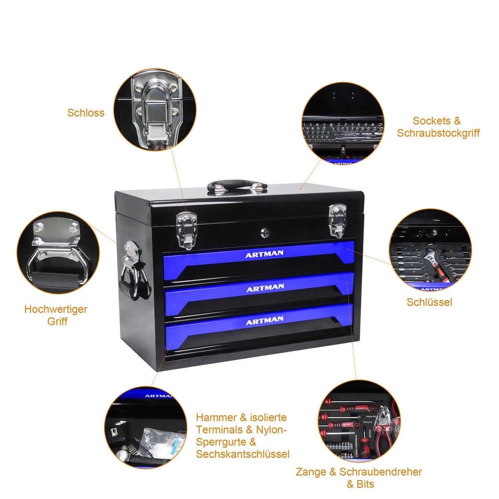 Cassetta Portautensili Portatile a 3 Strati ¨C MINIMAL ¨C Nero e Blu, Metallo, 4 Ripiani