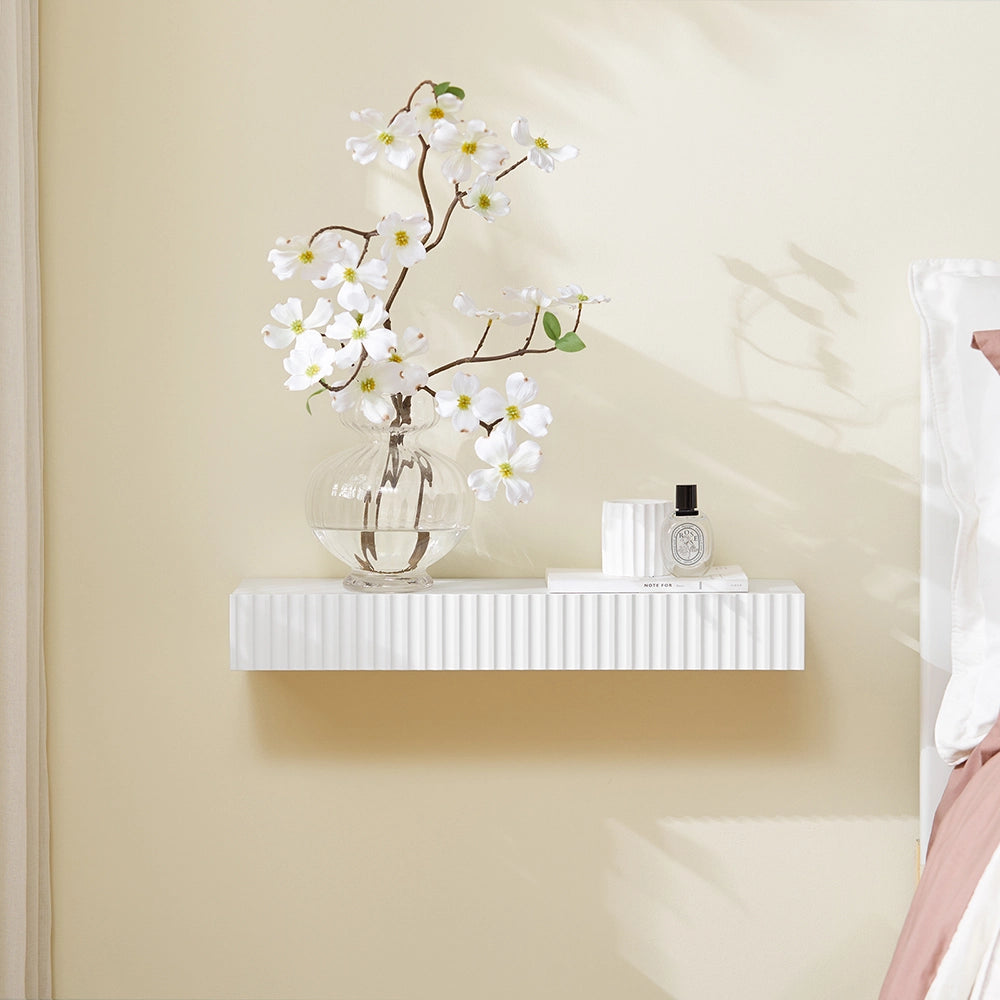 SoBuy FHK38-W Mensola da Parete Galleggiante con Cassetto & Illuminazione LED con Sensore di Movimento, per Camera da Letto, Ingresso & Soggiorno, a Batterie, L60 × P20 × H8 cm, Bianco