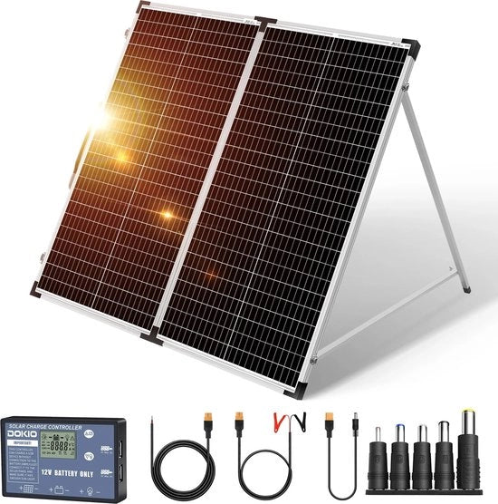 Pacchetto di Pannelli Solari di Alta Qualità Completo con Cavo e Batteria - Pannelli Solari per Tetti Piani - Per Camper e Camping in Casa - Pannello Solare Pieghevole - Kit di Potenziamento 100W - Nero