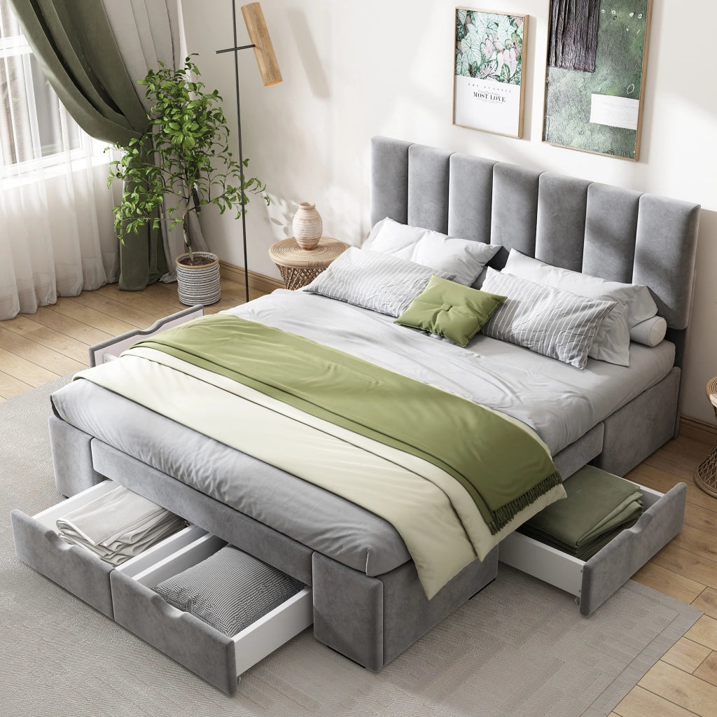 DESMIU Letto imbottito 140 × 200 cm 2 posti con 4 cassetti, testiera regolabile, senza materasso, velluto grigio