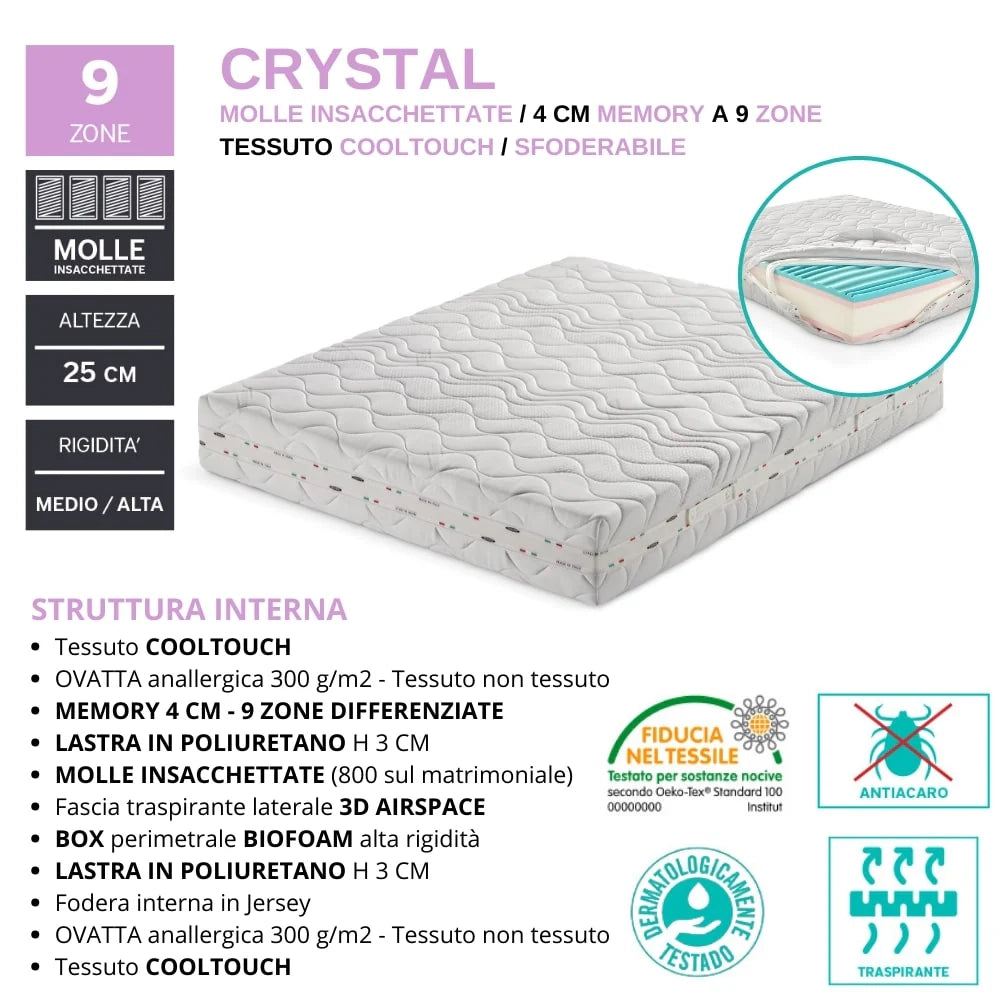 Materasso sfoderabile MADE IN ITALY CRYSTAL 120X190 con molle insacchettate, 4 cm di Memory Foam a 9 zone, rivestimento in tessuto antiacaro termoregolante e fascia traspirante
