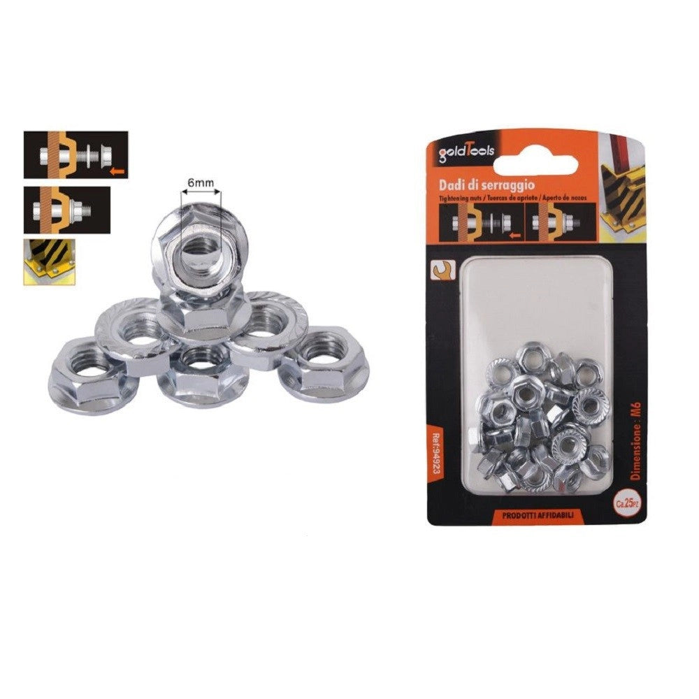 Trade Shop - Set 25 Pz Dado Esagonale Flangiato Dadi Di Serraggio M6 Bulloni Vite 6mm 94923 -