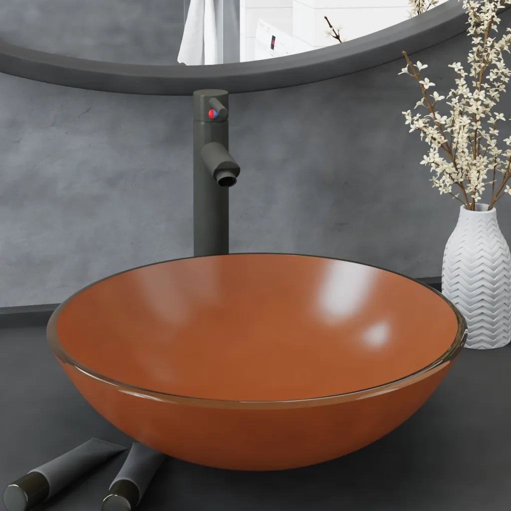 Lavandino con Rubinetto e Piletta in Vetro Temperato Marrone CFW5032338