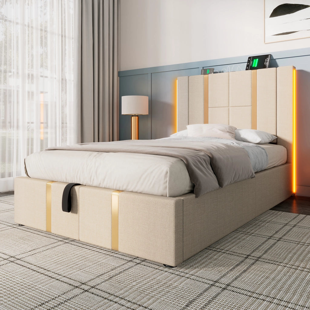 DESMIU Letto Contenitore Letto Singolo 90 × 200 cm con USB, Type-C e LED Regolabile, Senza Materasso, Beige