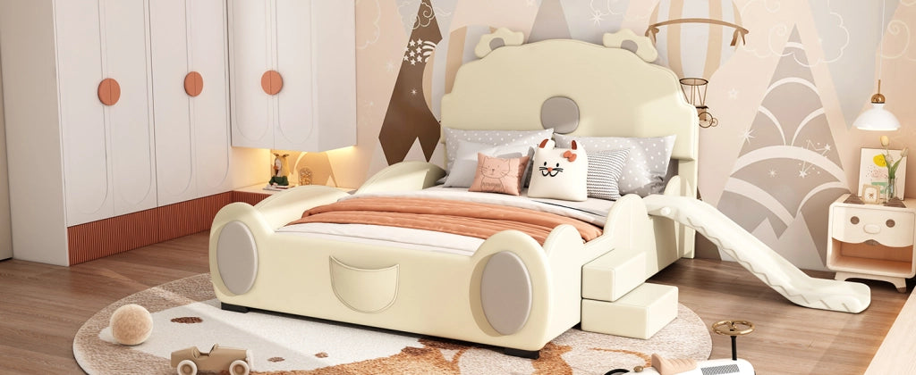 DESMIU Letto per Bambini 140 × 200 cm 2 Posti con Scivolo e Scaletta, Senza Materasso, in PU e MDF, Beige
