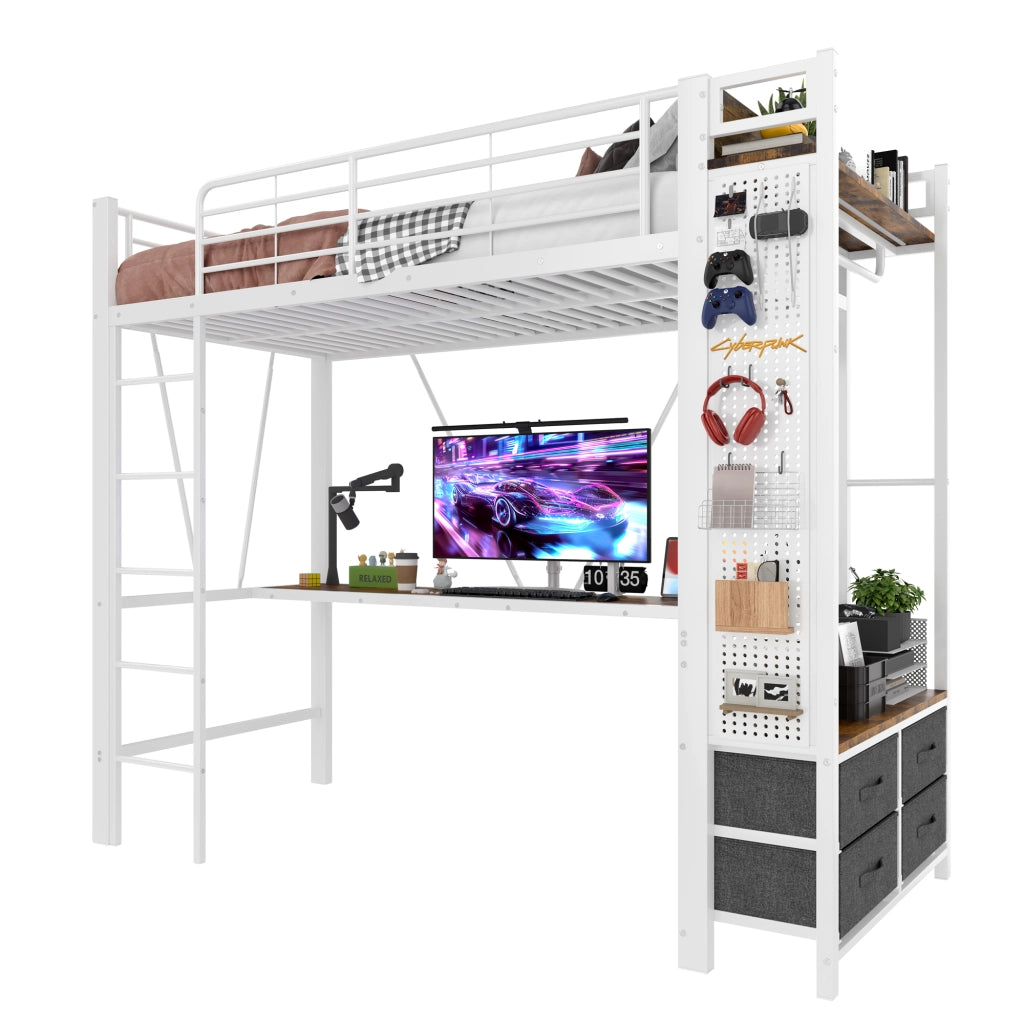 Letto a castello bianco in metallo con scrivania asta per asciugare 90x200cm