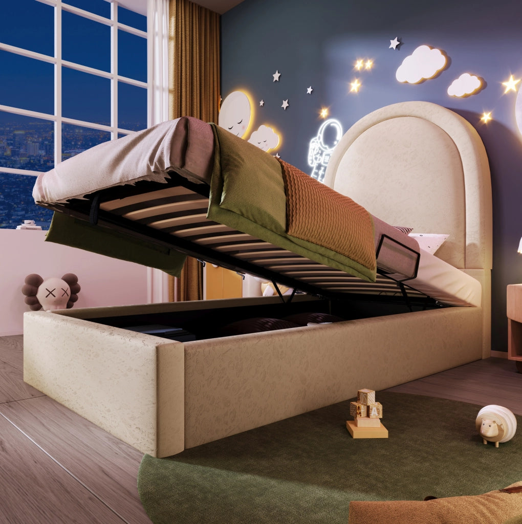 Letto imbottito per bambini 90x200 cm in PU beige con contenitore e rete a sollevamento idraulico