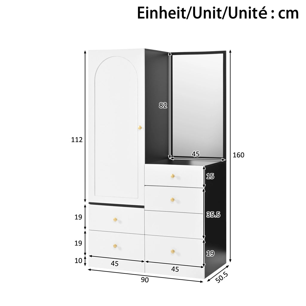 Toeletta con armadio laterale; specchio a figura intera; cassetto compartimentato e sgabello estraibile per camera; 90 × 50;5 × 160 cm