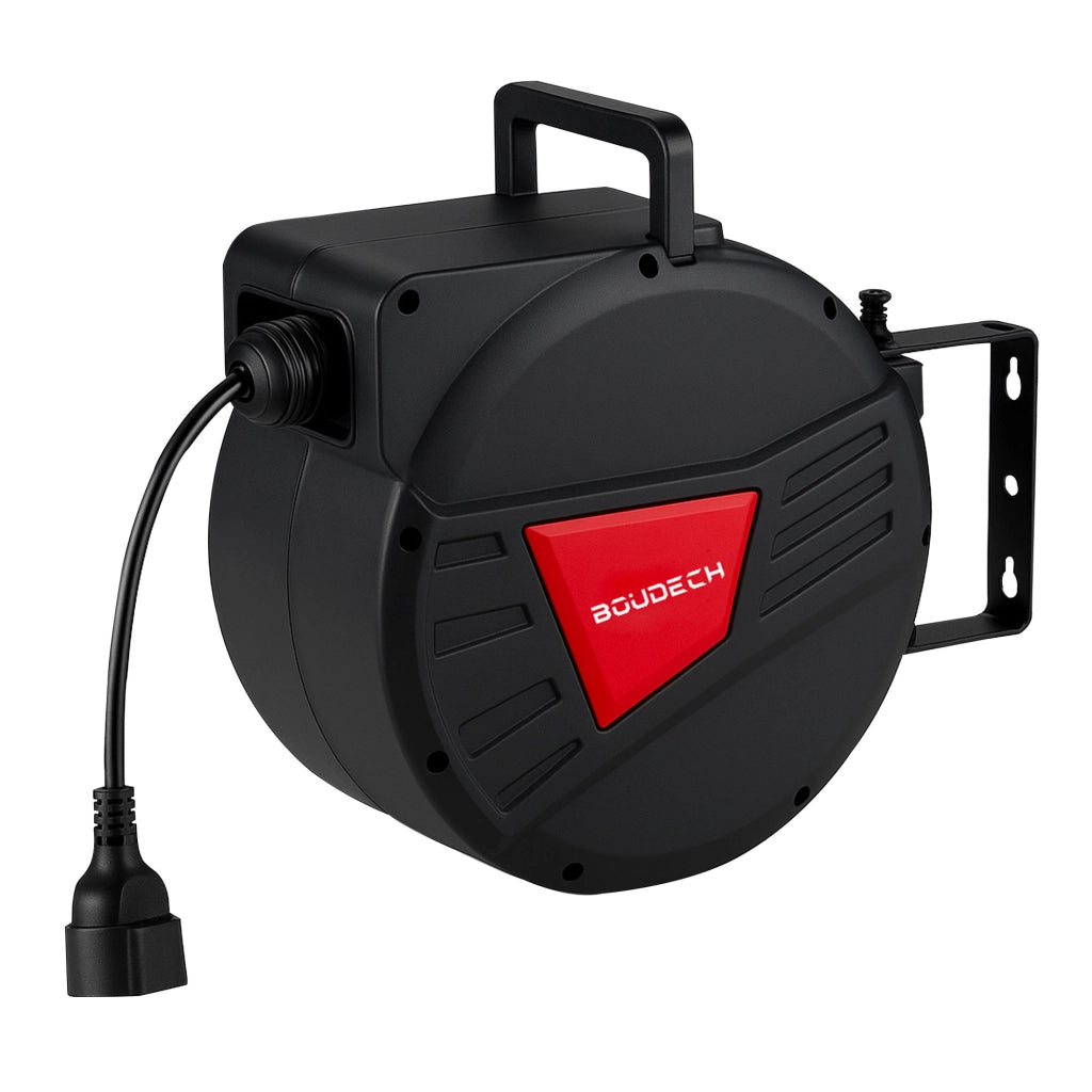 Denki 15 - Avvolgicavo Elettrico Automatico da Parete 15 m per esterno interno 250V Attacco Shuko in Polypropylene Nero