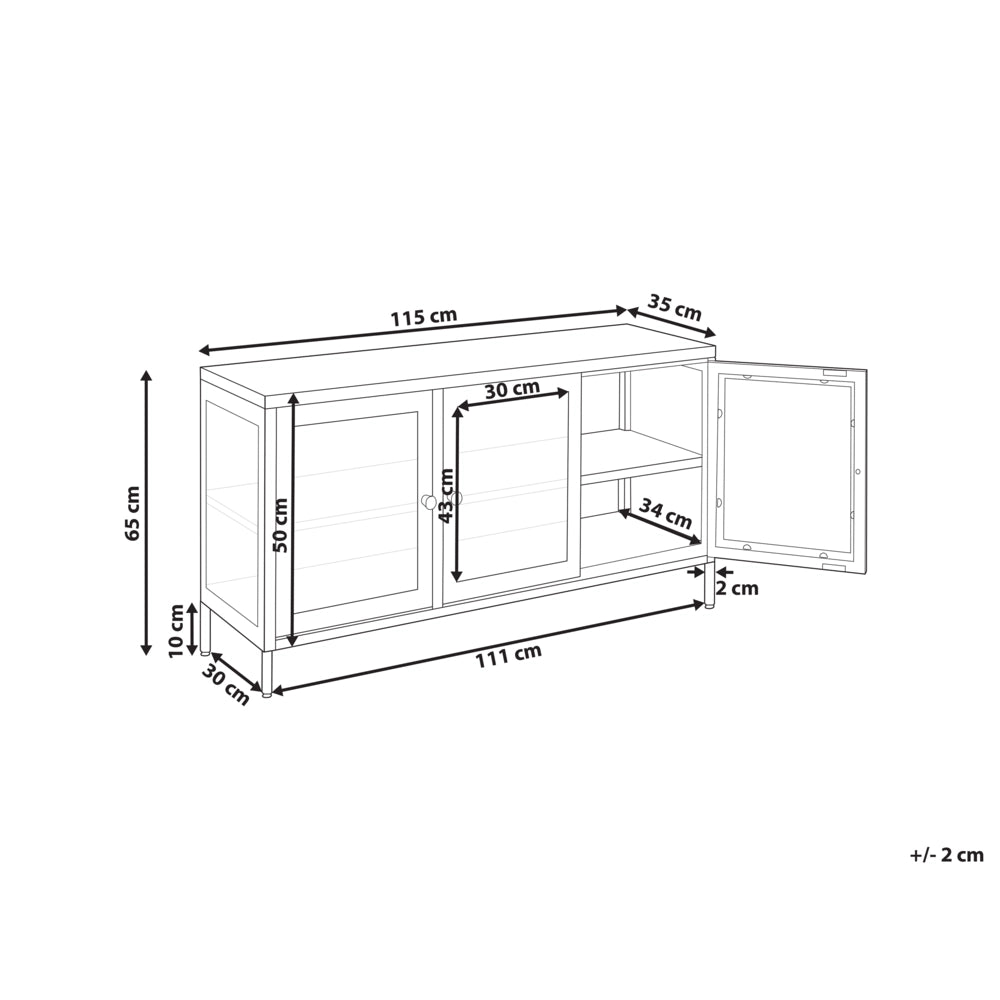Credenza a 3 ante in acciaio nero con vetro temperato, ripiani regolabili, tappi per le gambe, mobili per il soggiorno dal design moderno.