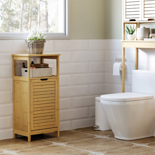 Mobiletto Bagno con Cesto Bucato 40x30x86,5 cm in MDF e Bambù Naturale