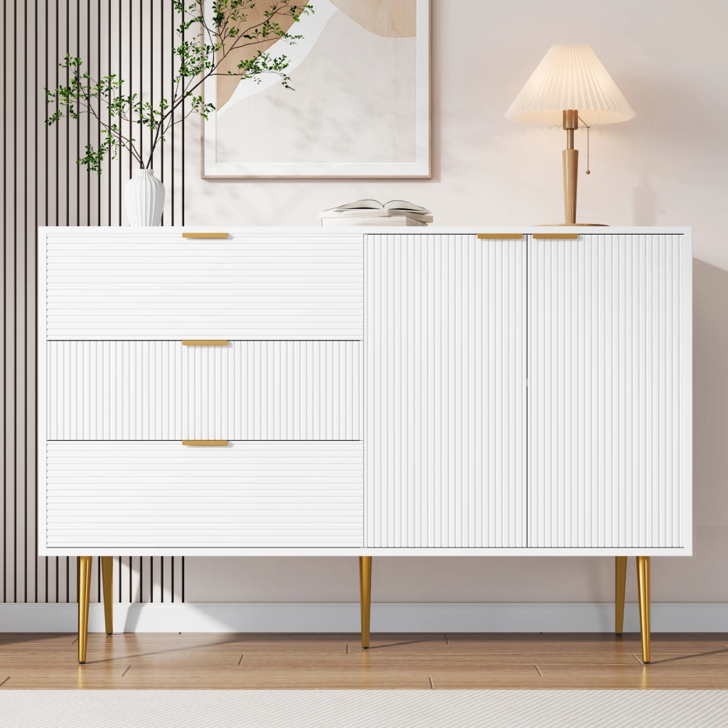 Credenza 3 cassetti 2 ante con ripiani, per soggiorno, in MDF, bianco e oro, 120 × 38 × 80,5 cm