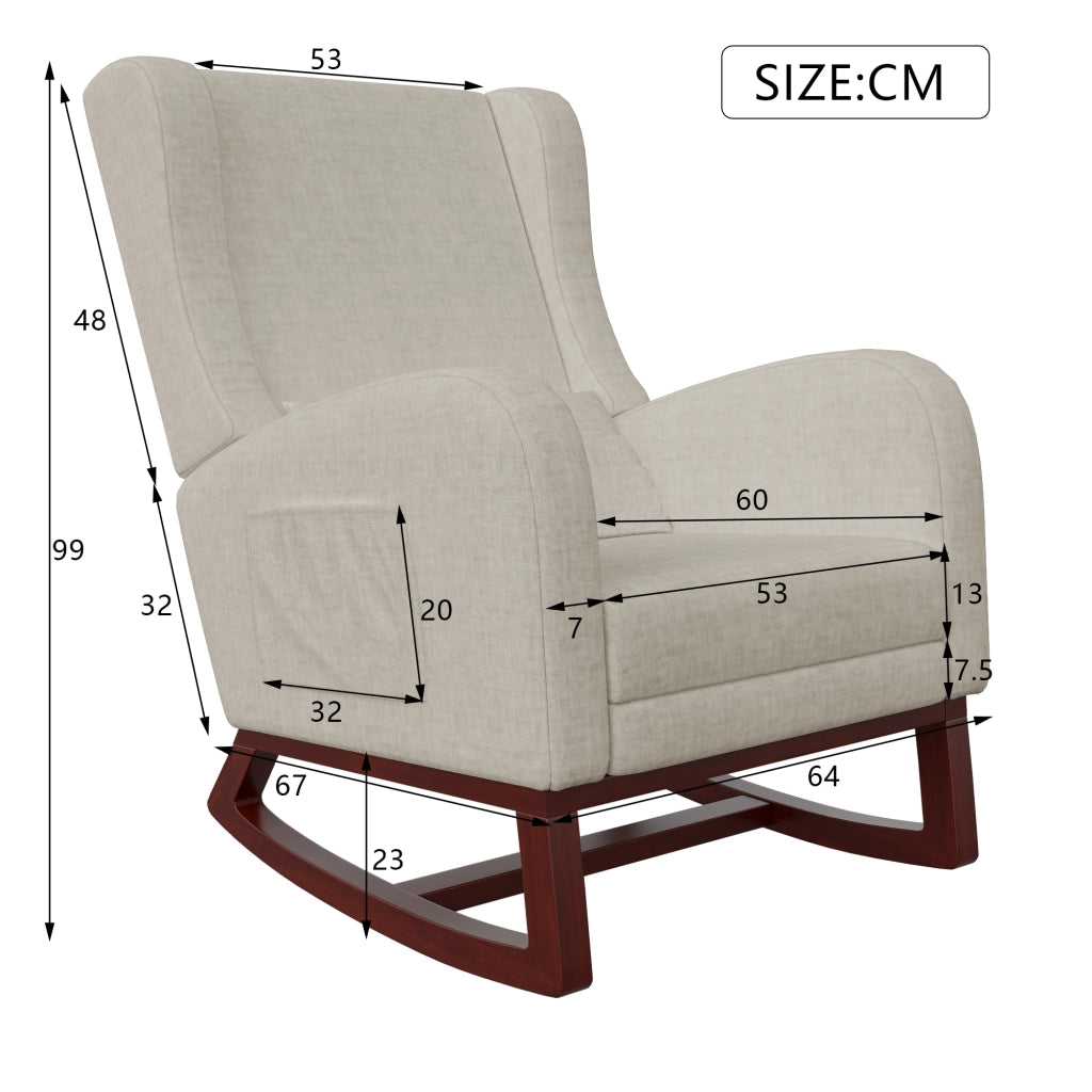 Poltrona relax a dondolo 67x64x99 cm con poggiapiedi; sedia a dondolo da interno per allattamento struttura in legno e velluto opaco; beige