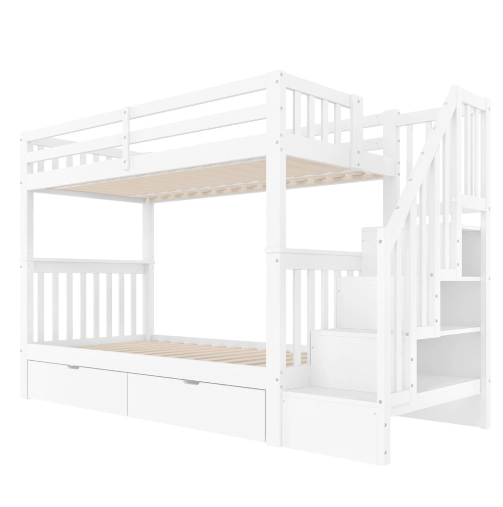 Letto a castello 90x200 cm con scala contenitore; 2 cassetti; sponde alte; bianco