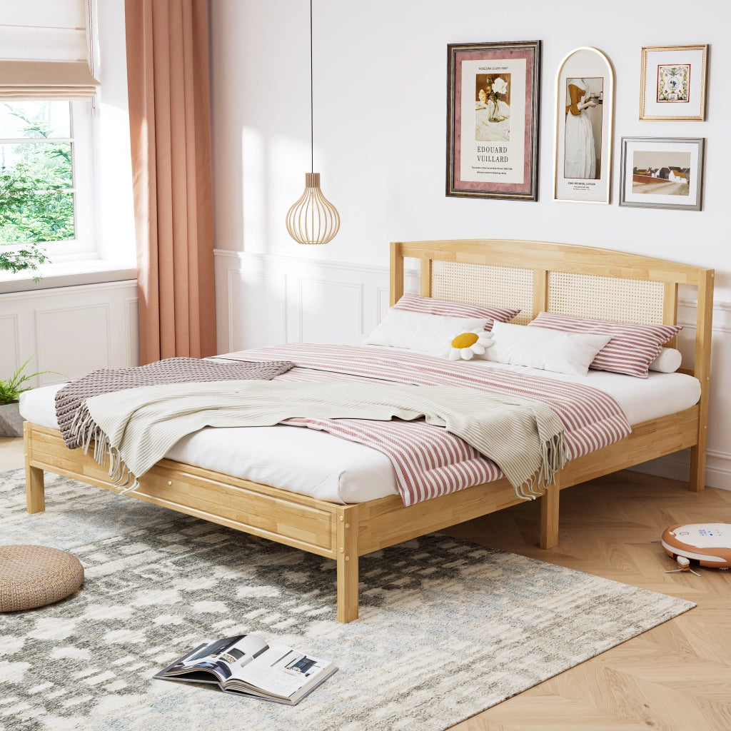 Letto Matrimoniale 160 x 200 cm; 15 Doghe e Piedini Centrali - in Legno e Rattan - Naturale