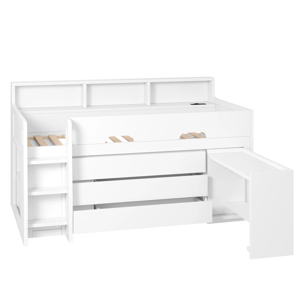 Letto a Soppalco Basso con Cassetti, Scrivania, LED e USB ¨C MINIMAL ¨C Bianco 90x200