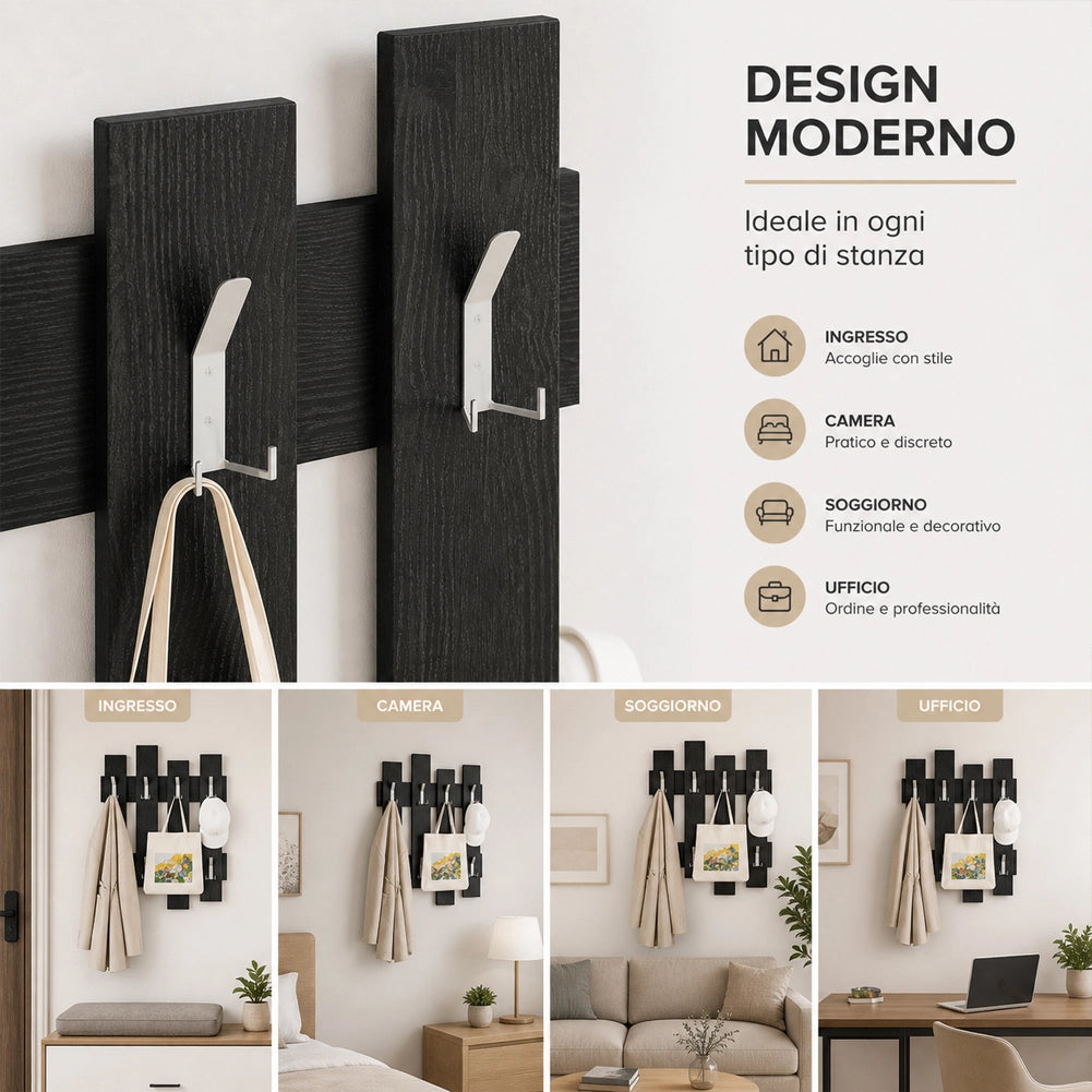 Appendiabiti da Muro Attaccapanni Montaggio Parete H79xl64xP4cm Legno Nero