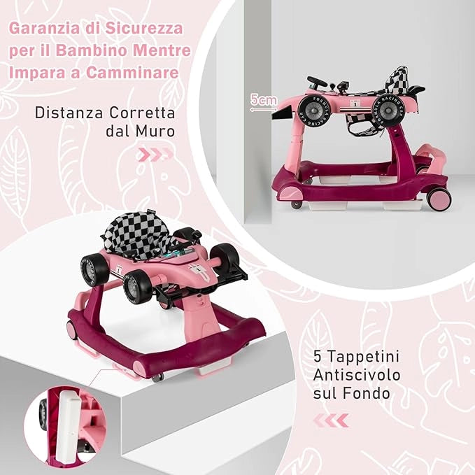 Girello per Bambini 4 in 1, Girello Pieghevole con Altezza e Velocità Regolabili, Carillon con Luci, Volante e Sedile, Primi Passi per Bambini 6-18 Mesi, Portata 15 kg (Viola)