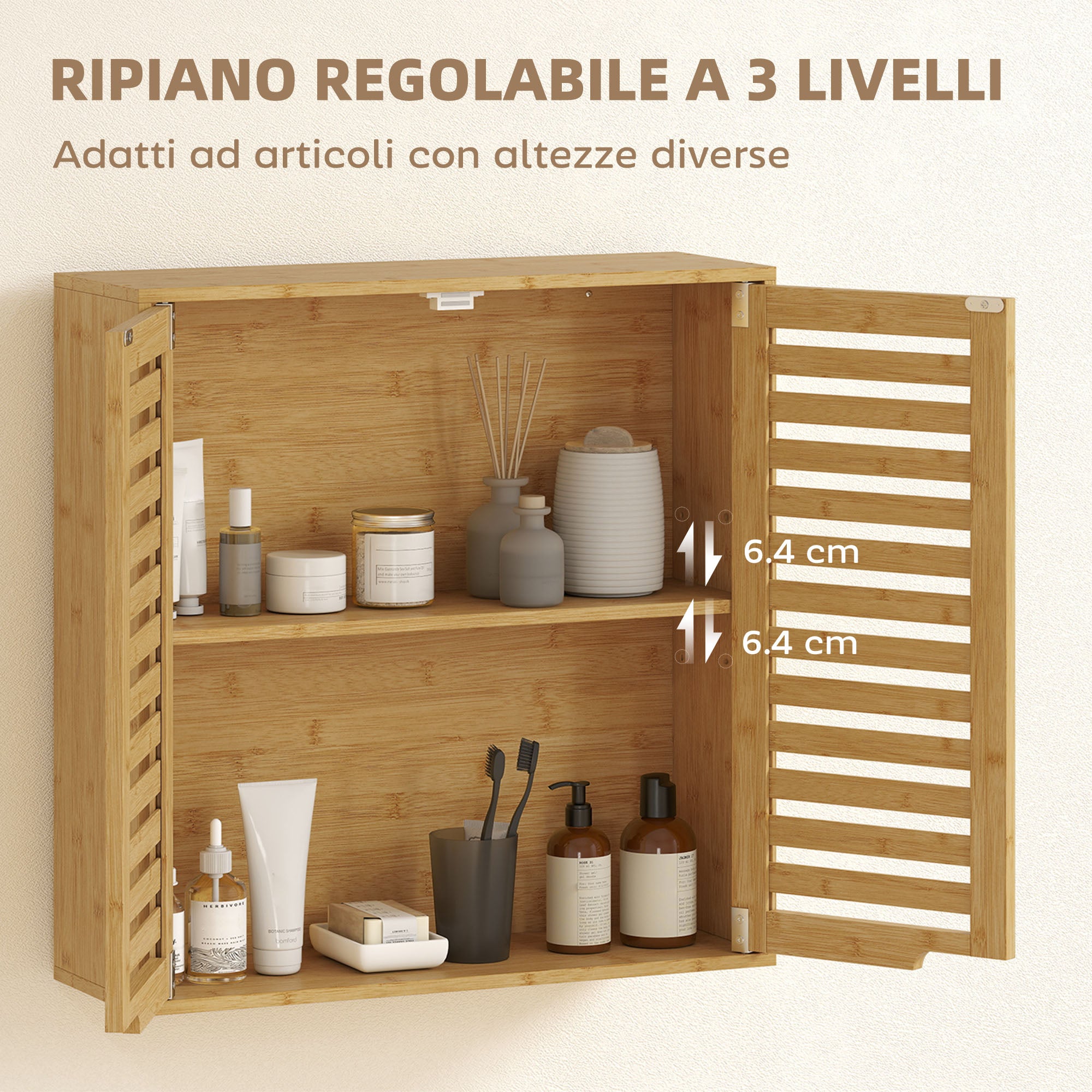 Pensile Bagno 60x20x60 cm con Ripiano Interno e Ante a Persiana in Bambù Color Legno