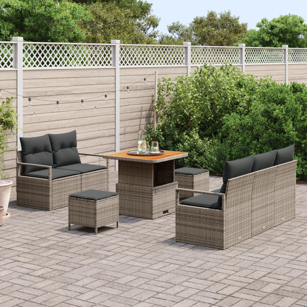 Set di divani da giardino  8 pezzi con cuscini grigi in polyrattan e acacia