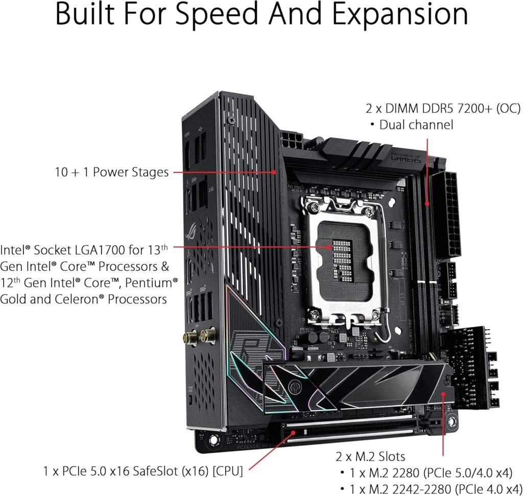 ROG STRIX Z790-I GAMING WIFI Scheda Madre Gaming Mini-ITX, Intel Z790, LGA1700, DDR5, PCI 5.0, WiFi 6E (802.11ax), Intel 2.5Gb Ethernet, 2xM.2, 2xSATA 6GB/s, Aura Sync RGB, Nero