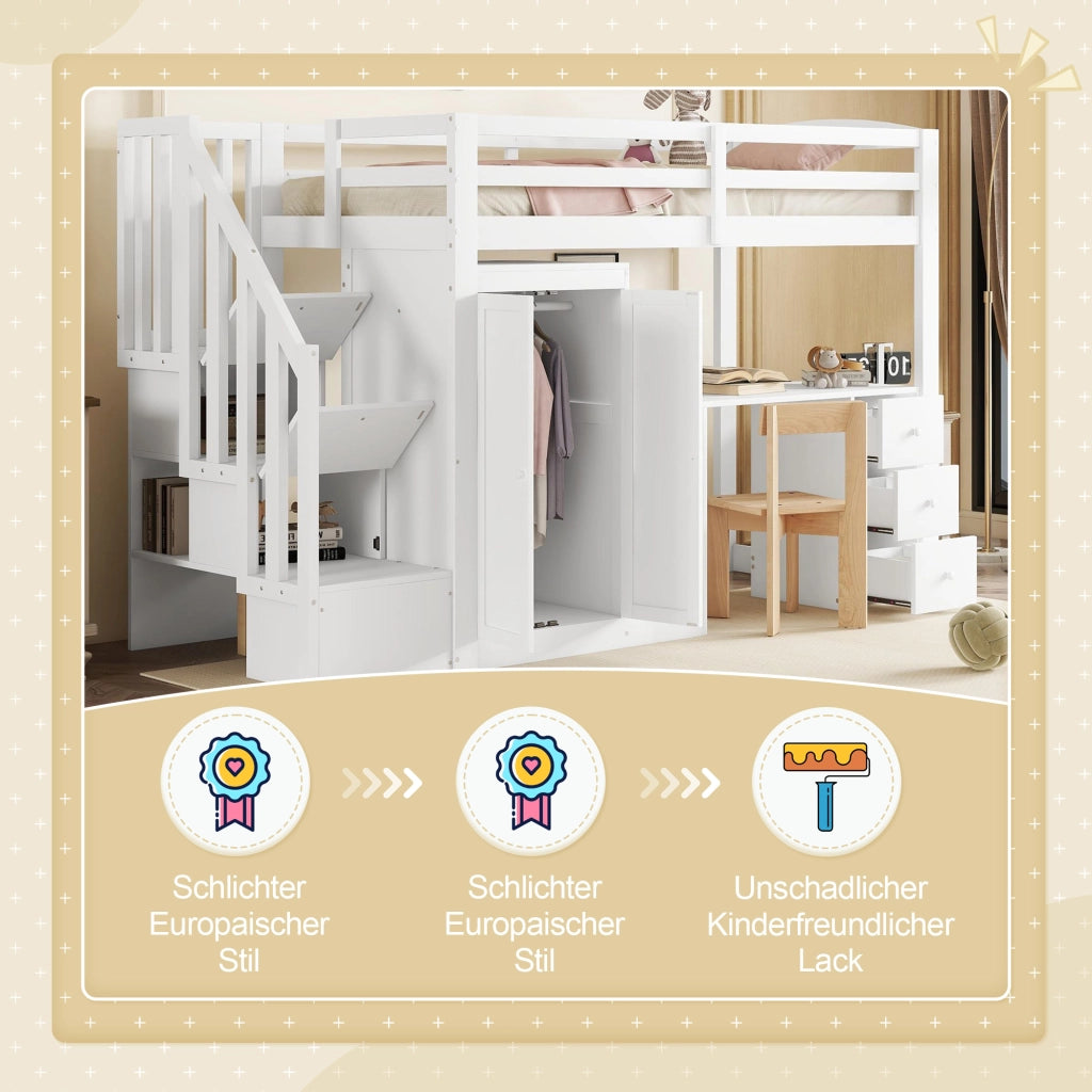 OKWISH Letto a Soppalco 90×200 cm, Letto Singolo con Scrivania, Armadio, 3 Cassetti, Scala Contenitore e Vano a Giorno, senza Materasso, Bianco