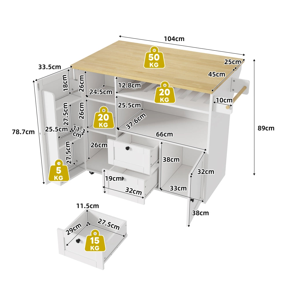 Isola cucina con piano ribaltabile, 2 cassetti, portabottiglie, portarotolo e ruote bloccabili, 104 × 45(69) × 89 cm