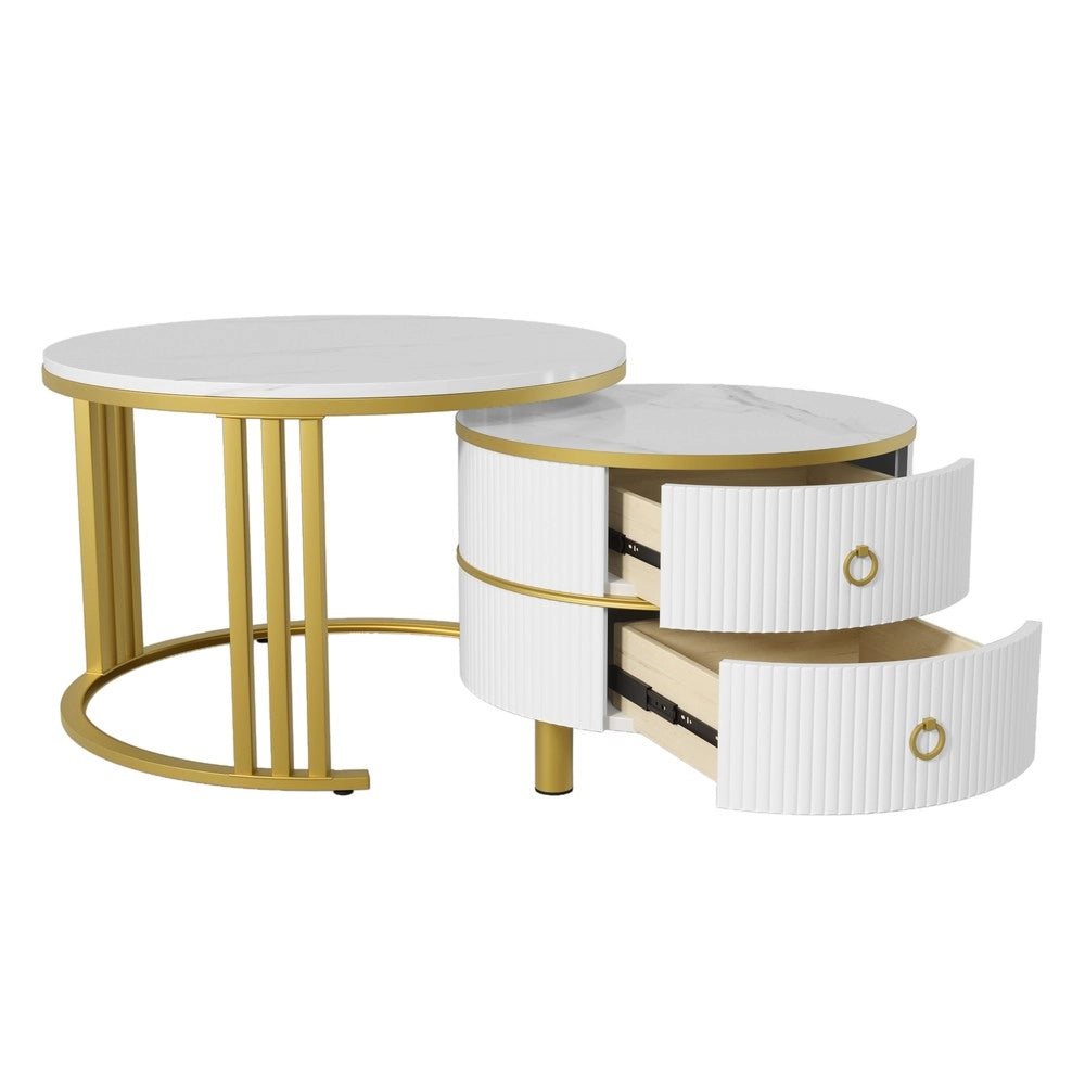 Tavolino da Caff¨¨ Rotondo MDF 2 in 1 ¨C MINIMAL ¨C Piano Marmo Bianco Lucido, 2 Cassetti, 70x70x46 + 50x50x40 cm