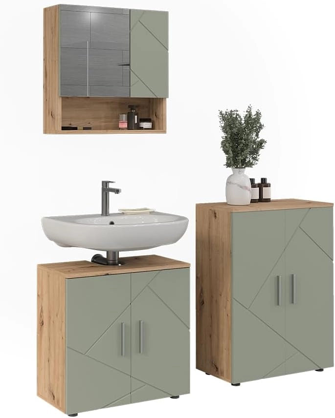 Set di mobili da bagno Irma, Verde salvia, 60 cm, composto da mobile sottolavabo, specchiera e mobile medio