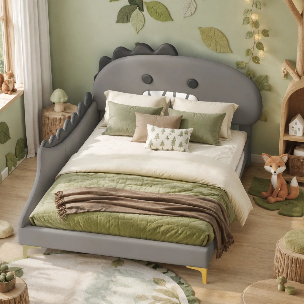 LETTO per bambini a forma di dinosauro 140x200 cm in PU grigio