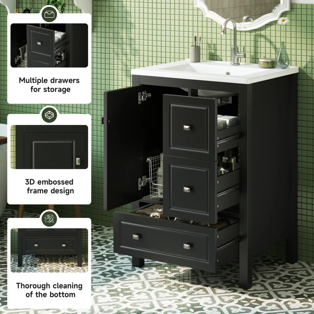 Mobile sottolavabo da bagno con lavabo in ceramica, 1 porta e 3 cassetti, in MDF laccato, nero, 62 × 47 × 90 cm