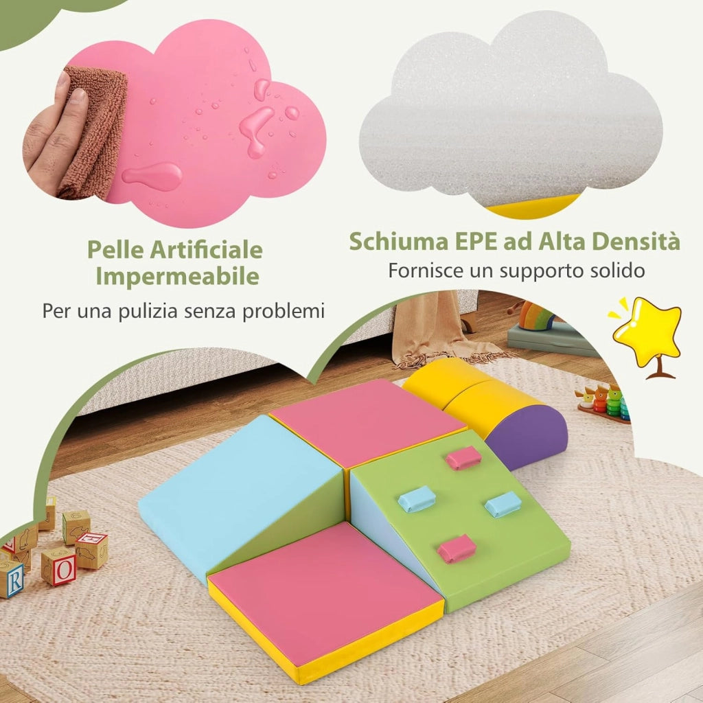 Set di 6 Blocchi di Schiuma per Arrampicata per Bambini, Blocchi in Schiuma per Arrampicarsi e Strisciare, Costruzione Mattoncini Morbidi per Bambini 12+ Mesi, Multicolore