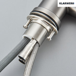 JANA | Rubinetto da cucina estensibile Premium in acciaio inox grigio titanio miscelatore arco alto | alta pressione ruotabile a 360° 2 attacchi