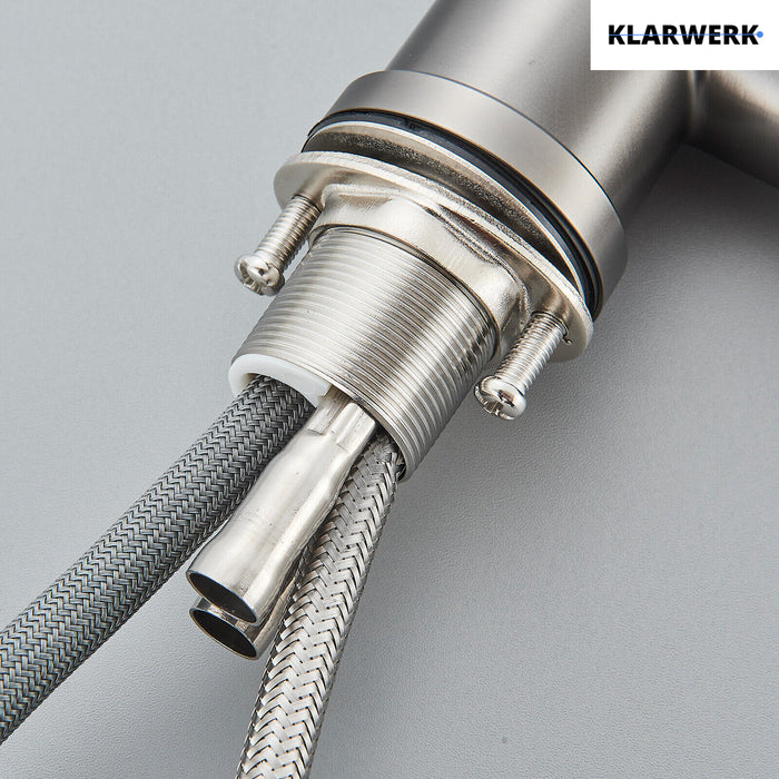 JANA | Rubinetto da cucina estensibile Premium in acciaio inox grigio titanio miscelatore arco alto | alta pressione ruotabile a 360° 2 attacchi