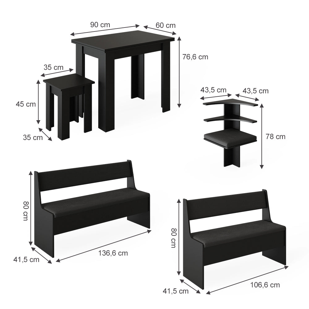 Vicco Gruppo panca ad angolo Nero 150 x 41.5 cm con tavolo