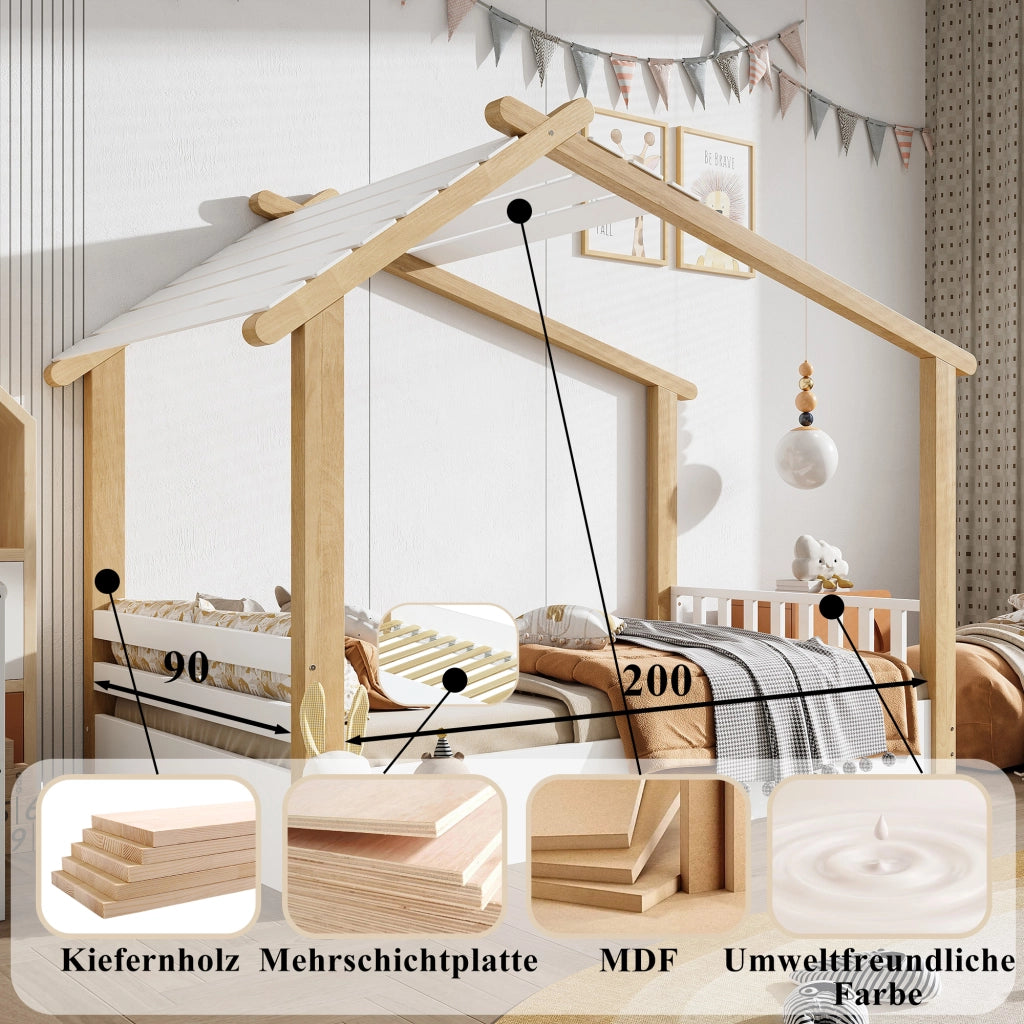 Letto singolo per bambini a forma di casetta; doghe incluse; legno di pino e MDF; bianco e naturale; 90x200 cm